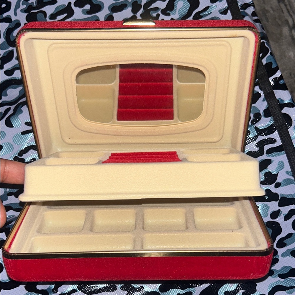 Vintage Red Velvet Travel Jewelry Box | Mirror & Tiered Organizer